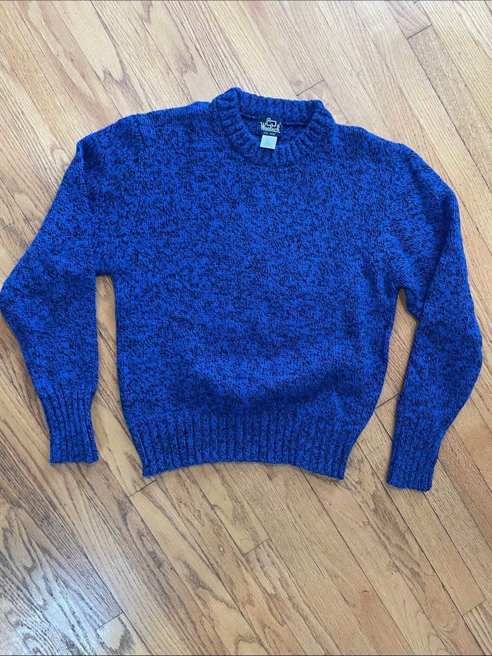 Vintage Men's Woolrich Blue and Black Marled Crew Neck Sweater. Large. EUC